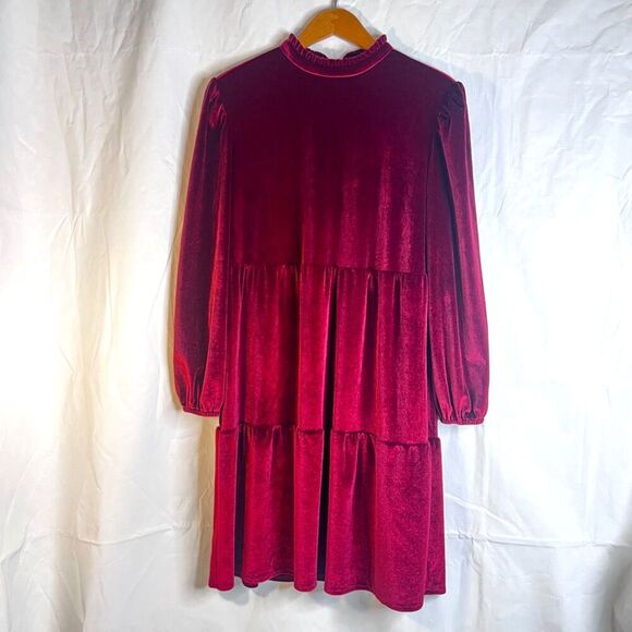 Ophelia Roe Red Velvet Velour Long Sleeve Aline Tiered Ruffle Dress Size Small - Picture 7 of 13
